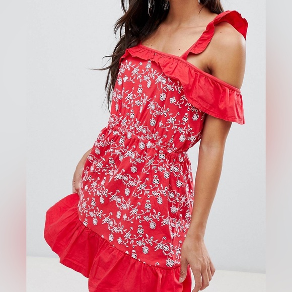 ASOS Red Ruffle Cold Shoulder Embroidered Dress - Picture 3 of 6